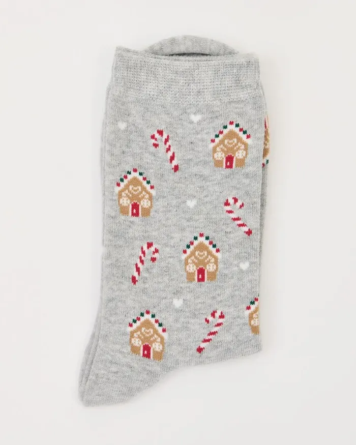 RWandCO Socks and Tights Cotton Socks With Gingerbread Houses And Candy Canes Light Grey Mix8211 8211 Women RWandCO Socks and Tights Cotton Socks With Gingerbread Houses And Candy Canes Light Grey Mix8211 8211 Women