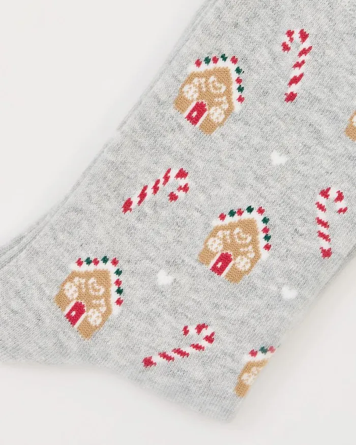 RWandCO Socks and Tights Cotton Socks With Gingerbread Houses And Candy Canes Light Grey Mix8211 8211 Women RWandCO Socks and Tights Cotton Socks With Gingerbread Houses And Candy Canes Light Grey Mix8211 8211 Women