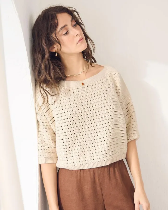 RWandCO Sweaters and Cardigans ElbowSleeve Crochet Sweater Oatmeal 8211 8211 Women RWandCO Sweaters and Cardigans ElbowSleeve Crochet Sweater Oatmeal 8211 8211 Women