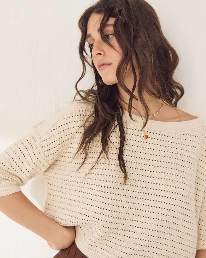 RWandCO Sweaters and Cardigans ElbowSleeve Crochet Sweater Oatmeal 8211 8211 Women RWandCO Sweaters and Cardigans ElbowSleeve Crochet Sweater Oatmeal 8211 8211 Women
