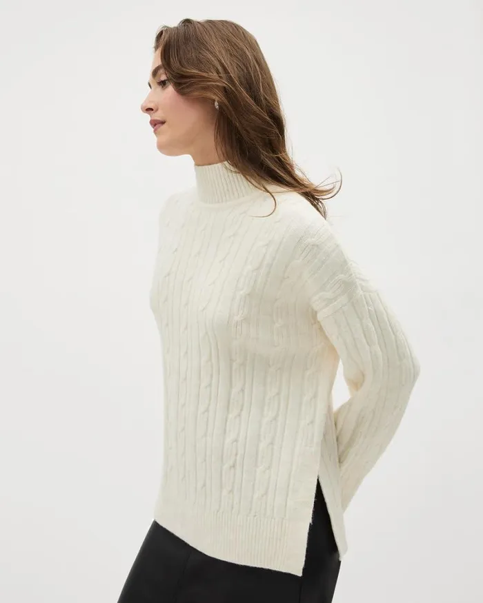 RWandCO Sweaters and Cardigans LongSleeve MockNeck Sweater With Cable Stitches Off White Mix 8211 Women RWandCO Sweaters and Cardigans LongSleeve MockNeck Sweater With Cable Stitches Off White Mix 8211 Women