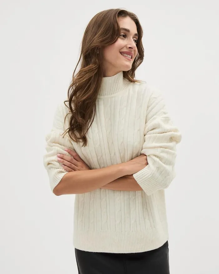 RWandCO Sweaters and Cardigans LongSleeve MockNeck Sweater With Cable Stitches Off White Mix 8211 Women RWandCO Sweaters and Cardigans LongSleeve MockNeck Sweater With Cable Stitches Off White Mix 8211 Women