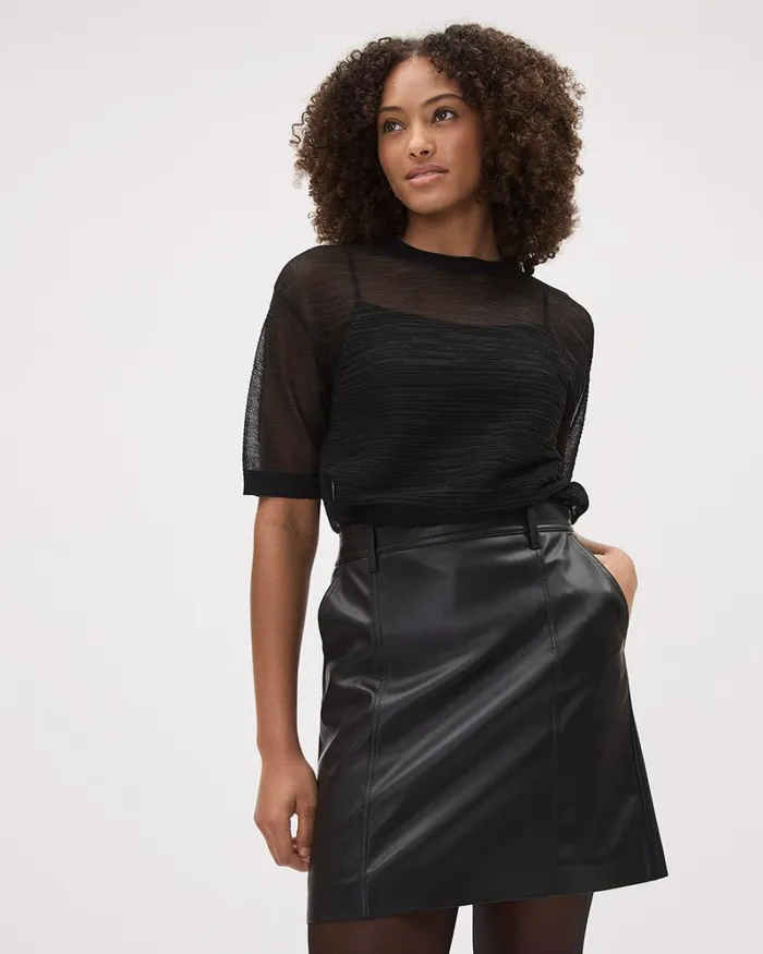 RWandCO Tops ElbowSleeve CrewNeck Sheer Textured Top Black 8211 Women