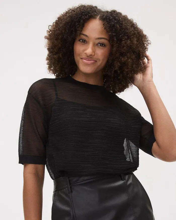 RWandCO Tops ElbowSleeve CrewNeck Sheer Textured Top Black 8211 Women RWandCO Tops ElbowSleeve CrewNeck Sheer Textured Top Black 8211 Women