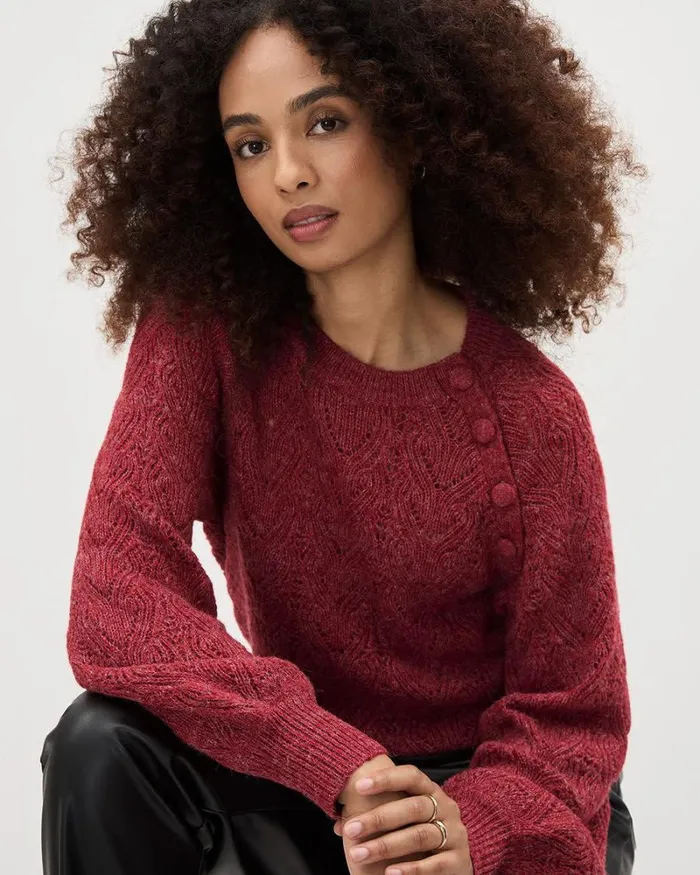 RWandCO Tops LongSleeve CrewNeck Sweater With Buttons At Shoulder Winery 8211 Women RWandCO Tops LongSleeve CrewNeck Sweater With Buttons At Shoulder Winery 8211 Women