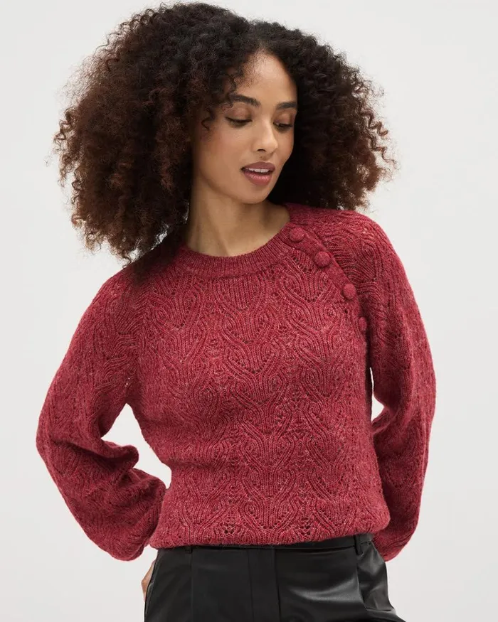 RWandCO Tops LongSleeve CrewNeck Sweater With Buttons At Shoulder Winery 8211 Women RWandCO Tops LongSleeve CrewNeck Sweater With Buttons At Shoulder Winery 8211 Women