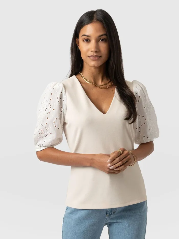 Saint And Sofia Casual Tops Women Tori Puff Sleeve Top 8211 Cream Broderie Cream Broderie