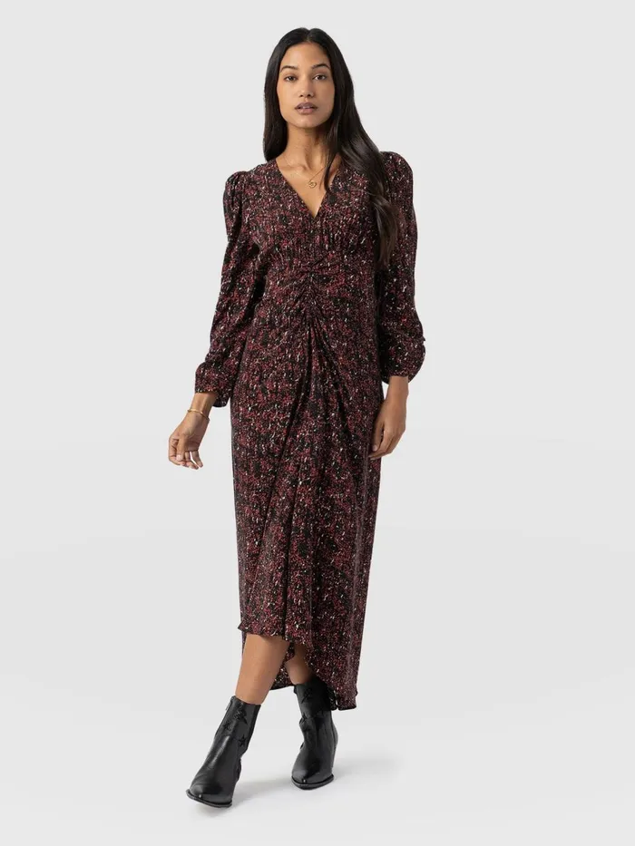 Saint And Sofia Dresses Women Paloma Ruched Dress 8211 Red Ditsy Leopard Red Ditsy Leopard