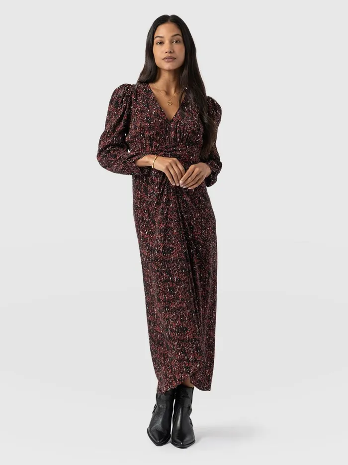 Saint And Sofia Dresses Women Paloma Ruched Dress 8211 Red Ditsy Leopard Red Ditsy Leopard
