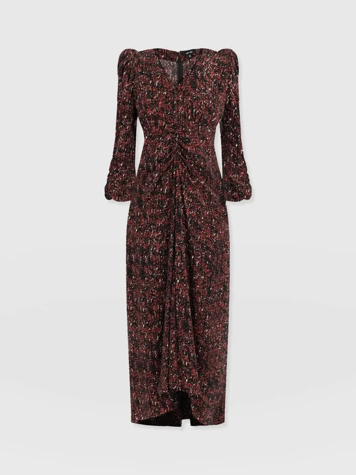 Saint And Sofia Dresses Women Paloma Ruched Dress 8211 Red Ditsy Leopard Red Ditsy Leopard