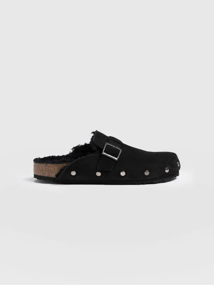 Saint And Sofia Leather Women Studded Clogs 8211 Black Shearling Black Shearling