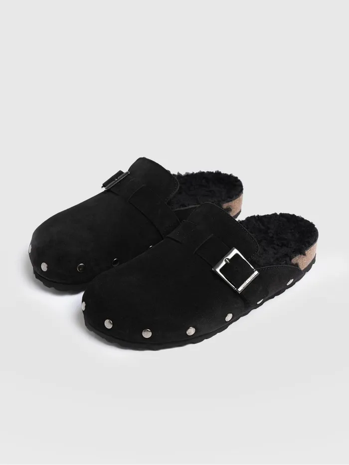 Saint And Sofia Leather Women Studded Clogs 8211 Black Shearling Black Shearling