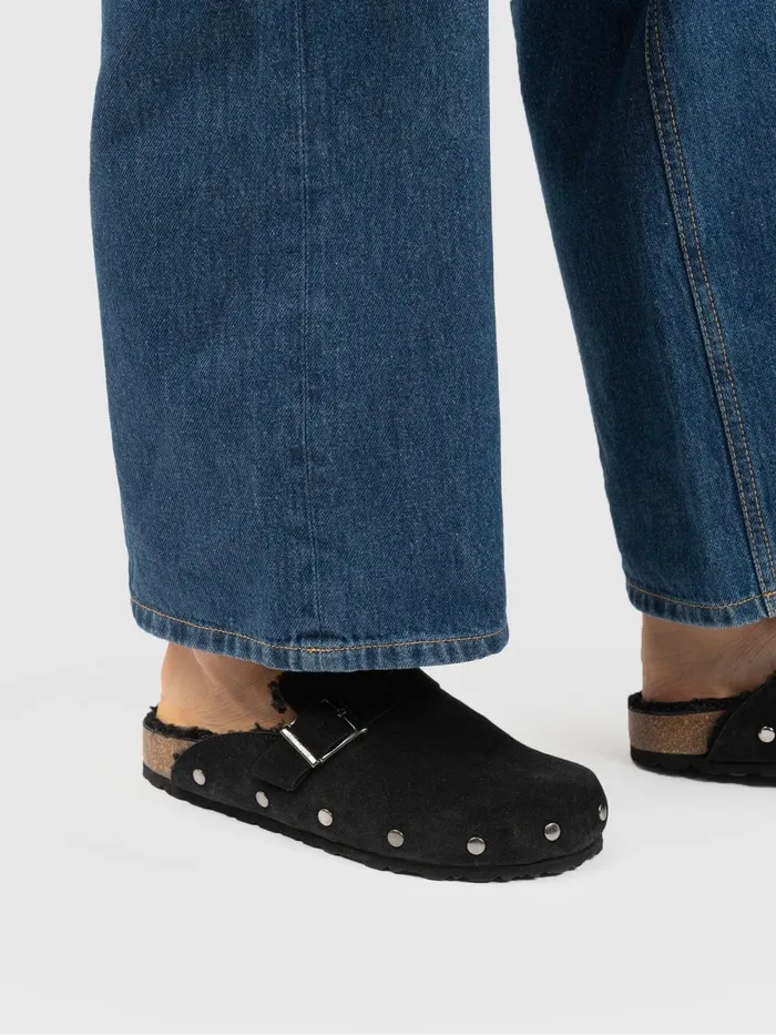 Saint And Sofia Leather Women Studded Clogs 8211 Black Shearling Black Shearling