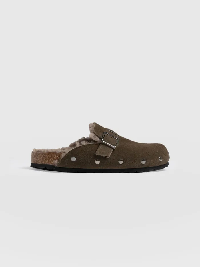Saint And Sofia Leather Women Studded Clogs 8211 Khaki Shearling Khaki Shearling