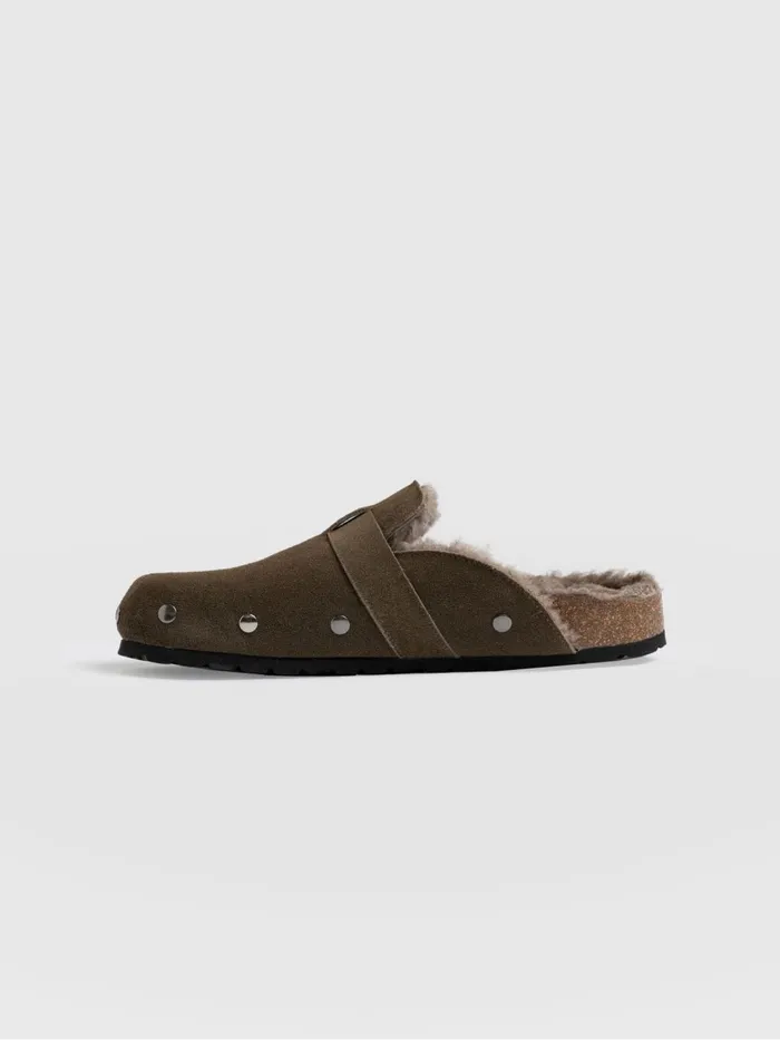 Saint And Sofia Leather Women Studded Clogs 8211 Khaki Shearling Khaki Shearling