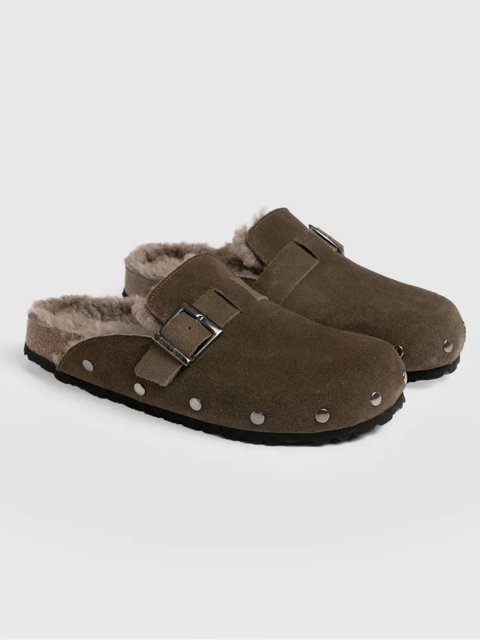 Saint And Sofia Leather Women Studded Clogs 8211 Khaki Shearling Khaki Shearling