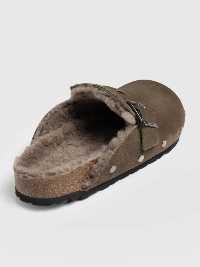 Saint And Sofia Leather Women Studded Clogs 8211 Khaki Shearling Khaki Shearling