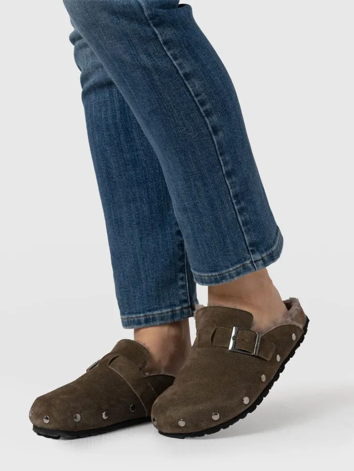 Saint And Sofia Leather Women Studded Clogs 8211 Khaki Shearling Khaki Shearling