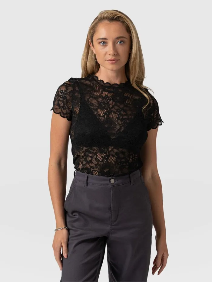 Saint And Sofia TShirts and Tanks Women Miranda Lace Short Sleeve Tee 8211 Black Black Saint And Sofia TShirts and Tanks Women Miranda Lace Short Sleeve Tee 8211 Black Black