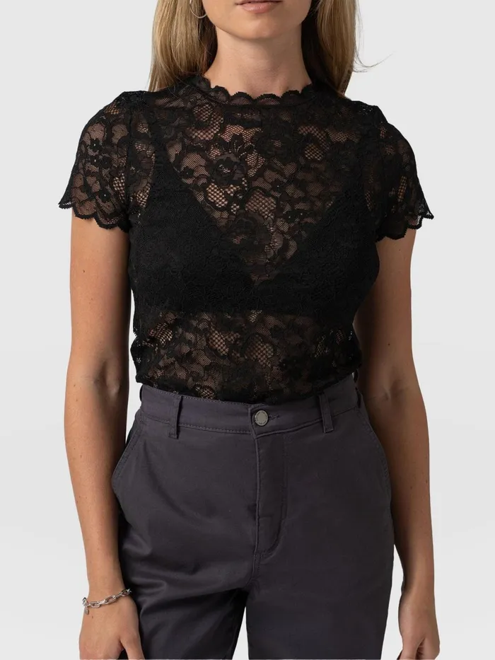 Saint And Sofia TShirts and Tanks Women Miranda Lace Short Sleeve Tee 8211 Black Black