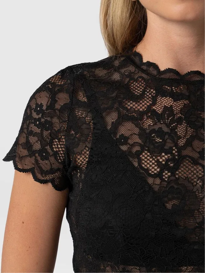 Saint And Sofia TShirts and Tanks Women Miranda Lace Short Sleeve Tee 8211 Black Black