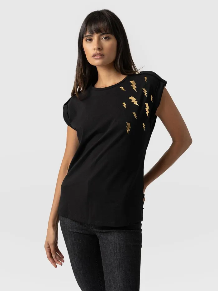 Saint And Sofia TShirts and Tanks Women Turn Up Tee 8211 Black Lightning Black Lightning Saint And Sofia TShirts and Tanks Women Turn Up Tee 8211 Black Lightning Black Lightning