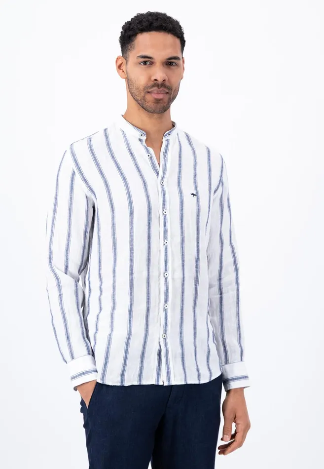 Sale Men FYNCHHATTON Light Linen Shirt With Stand up Collar And Subtle Stripes Whitesummer Breeze Sale Men FYNCHHATTON Light Linen Shirt With Stand up Collar And Subtle Stripes Whitesummer Breeze