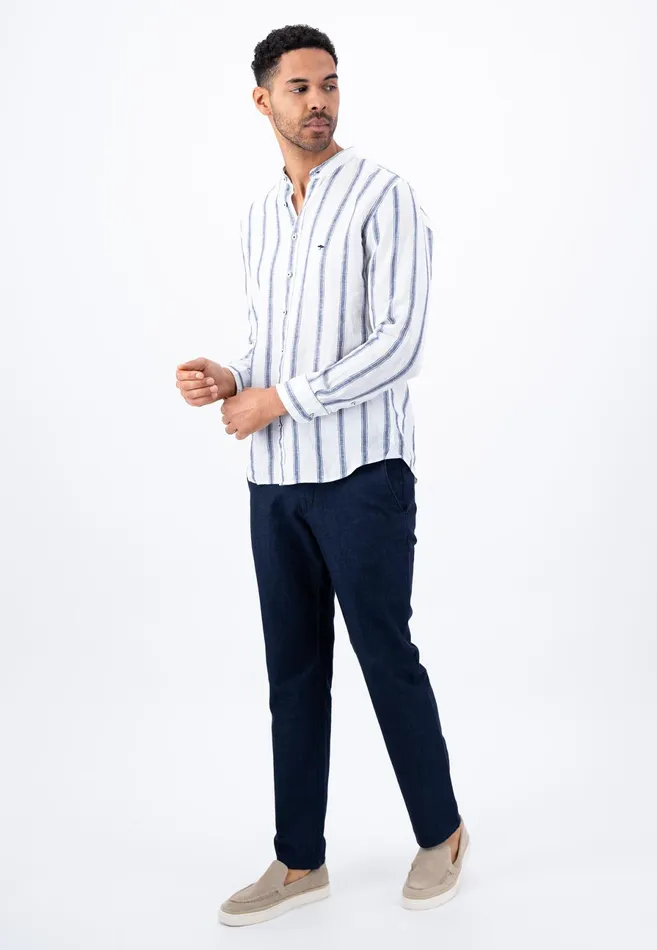Sale Men FYNCHHATTON Light Linen Shirt With Stand up Collar And Subtle Stripes Whitesummer Breeze Sale Men FYNCHHATTON Light Linen Shirt With Stand up Collar And Subtle Stripes Whitesummer Breeze