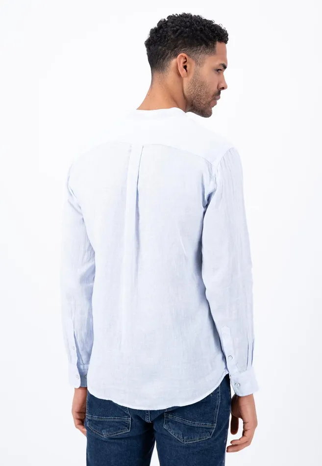 Sale Men FYNCHHATTON Light Linen Shirt With Stand up Collar And Subtle Stripes Whitesummer Breeze Sale Men FYNCHHATTON Light Linen Shirt With Stand up Collar And Subtle Stripes Whitesummer Breeze