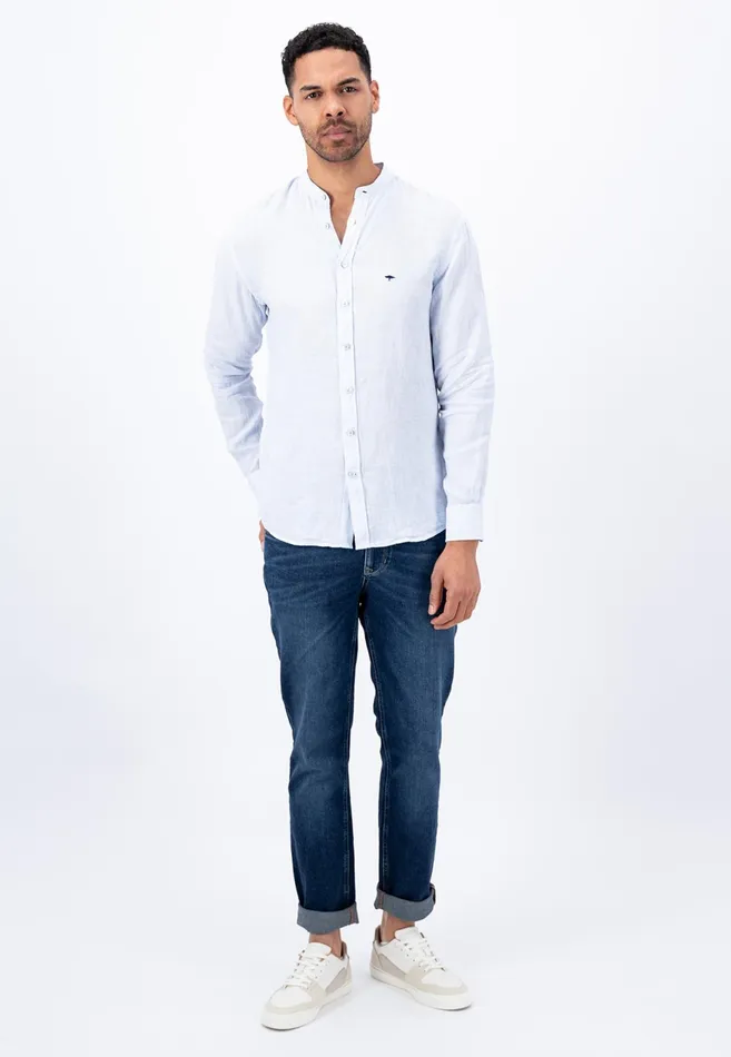 Sale Men FYNCHHATTON Light Linen Shirt With Stand up Collar And Subtle Stripes Whitesummer Breeze Sale Men FYNCHHATTON Light Linen Shirt With Stand up Collar And Subtle Stripes Whitesummer Breeze