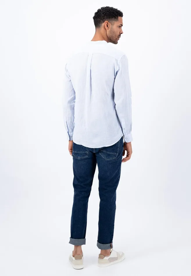 Sale Men FYNCHHATTON Light Linen Shirt With Stand up Collar And Subtle Stripes Whitesummer Breeze Sale Men FYNCHHATTON Light Linen Shirt With Stand up Collar And Subtle Stripes Whitesummer Breeze
