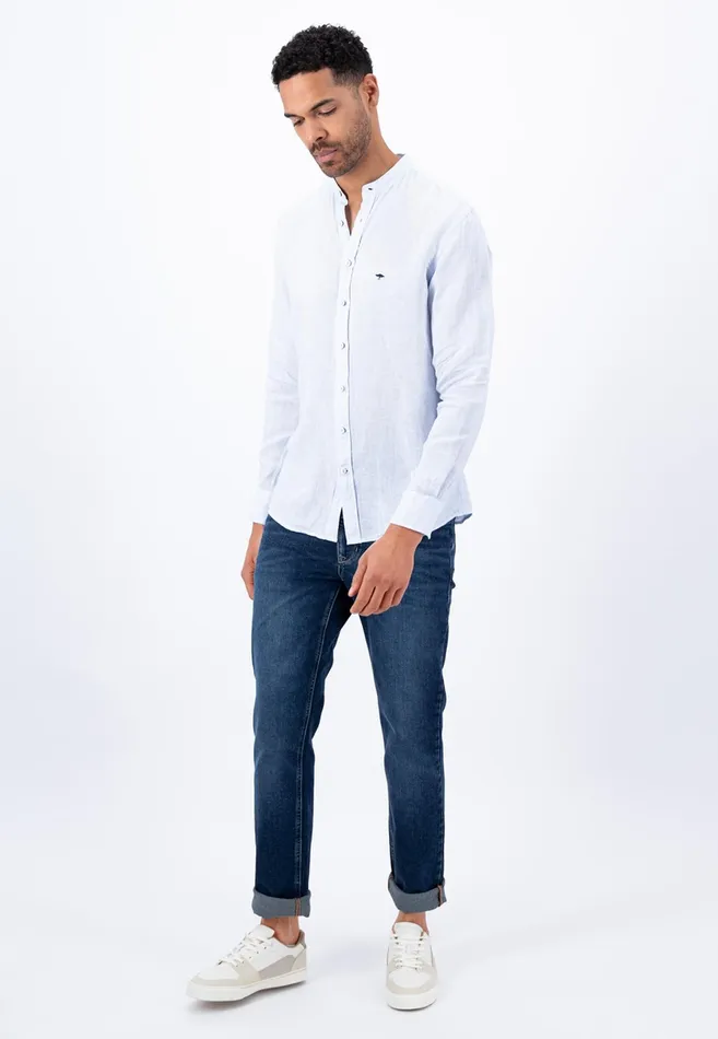 Sale Men FYNCHHATTON Light Linen Shirt With Stand up Collar And Subtle Stripes Whitesummer Breeze Sale Men FYNCHHATTON Light Linen Shirt With Stand up Collar And Subtle Stripes Whitesummer Breeze