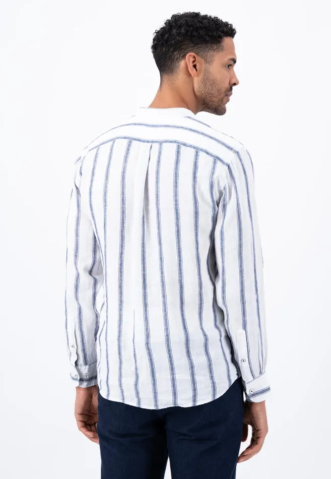 Sale Men FYNCHHATTON Light Linen Shirt With Stand up Collar And Subtle Stripes Whitesummer Breeze Sale Men FYNCHHATTON Light Linen Shirt With Stand up Collar And Subtle Stripes Whitesummer Breeze
