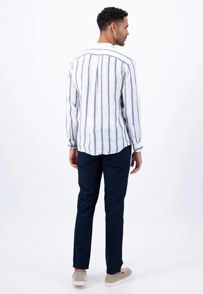 Sale Men FYNCHHATTON Light Linen Shirt With Stand up Collar And Subtle Stripes Whitesummer Breeze Sale Men FYNCHHATTON Light Linen Shirt With Stand up Collar And Subtle Stripes Whitesummer Breeze