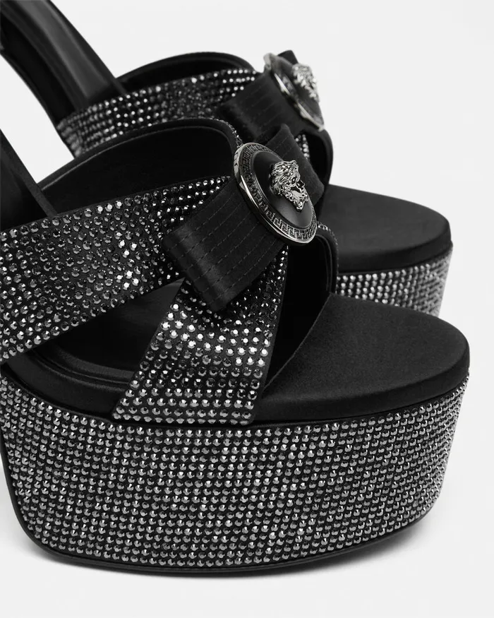 Sandals Women Versace Crystal Gianni Ribbon Sandals 140 Mm Black