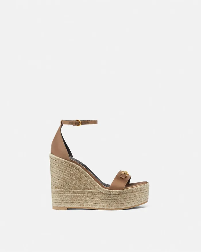 Sandals Women Versace Medusa 03995 Satin Wedge Sandals 120 Mm Beige