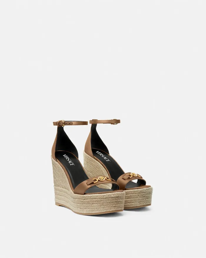 Sandals Women Versace Medusa 03995 Satin Wedge Sandals 120 Mm Beige