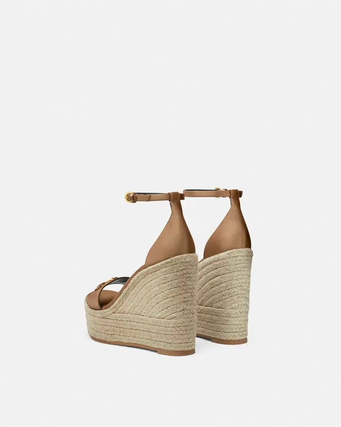 Sandals Women Versace Medusa 03995 Satin Wedge Sandals 120 Mm Beige