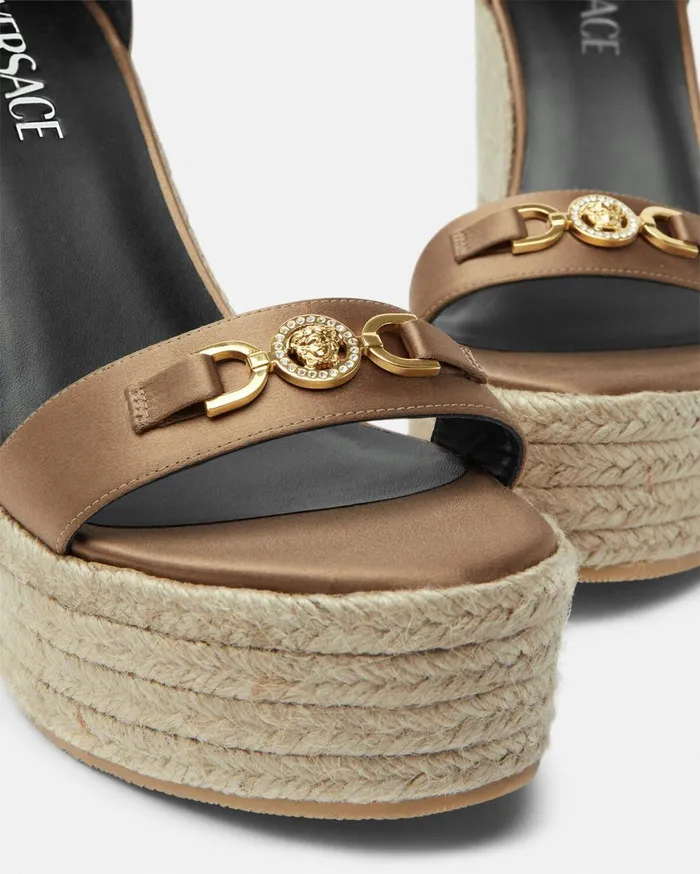 Sandals Women Versace Medusa 03995 Satin Wedge Sandals 120 Mm Beige