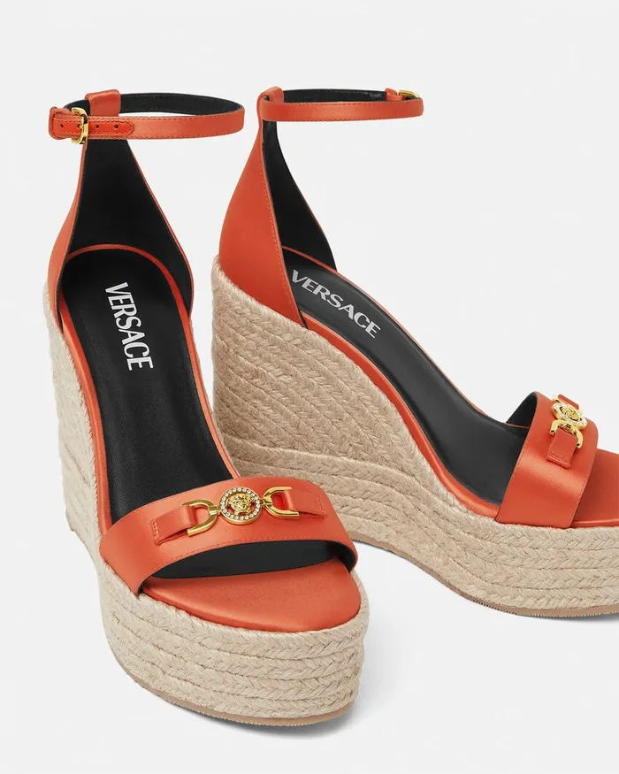 Sandals Women Versace Medusa 03995 Satin Wedge Sandals 120 Mm Coral