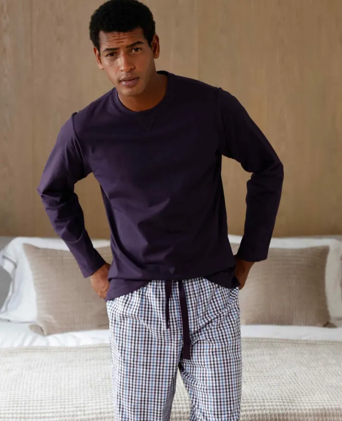 Savile Row Company Blue Purple Check Cotton TShirt Pyjama Set Blue Purple Check Men Pyjamas Savile Row Company Blue Purple Check Cotton TShirt Pyjama Set Blue Purple Check Men Pyjamas
