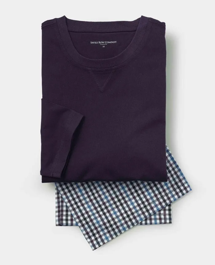Savile Row Company Blue Purple Check Cotton TShirt Pyjama Set Blue Purple Check Men Pyjamas Savile Row Company Blue Purple Check Cotton TShirt Pyjama Set Blue Purple Check Men Pyjamas