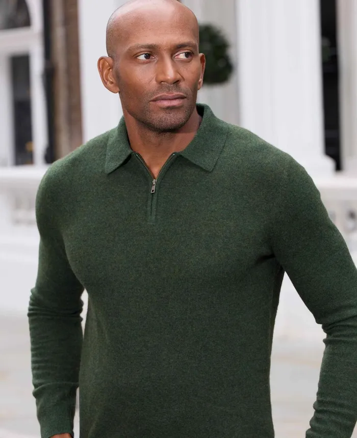 Savile Row Company Dark Green Merino Wool Cashmere Zip Neck Long Sleeve Polo Shirt Dark Green Men Knitwear Savile Row Company Dark Green Merino Wool Cashmere Zip Neck Long Sleeve Polo Shirt Dark Green Men Knitwear