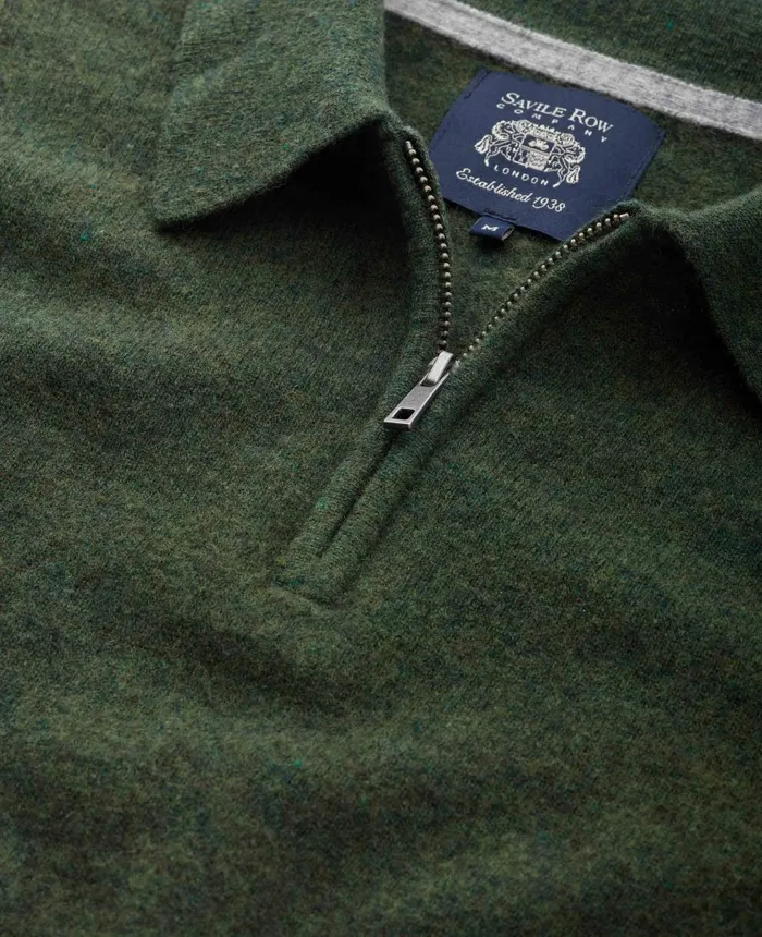 Savile Row Company Dark Green Merino Wool Cashmere Zip Neck Long Sleeve Polo Shirt Dark Green Men Knitwear Savile Row Company Dark Green Merino Wool Cashmere Zip Neck Long Sleeve Polo Shirt Dark Green Men Knitwear
