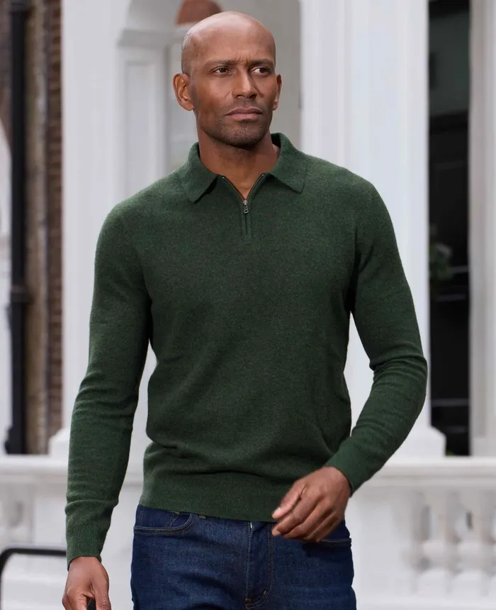 Savile Row Company Dark Green Merino Wool Cashmere Zip Neck Long Sleeve Polo Shirt Dark Green Men Knitwear Savile Row Company Dark Green Merino Wool Cashmere Zip Neck Long Sleeve Polo Shirt Dark Green Men Knitwear