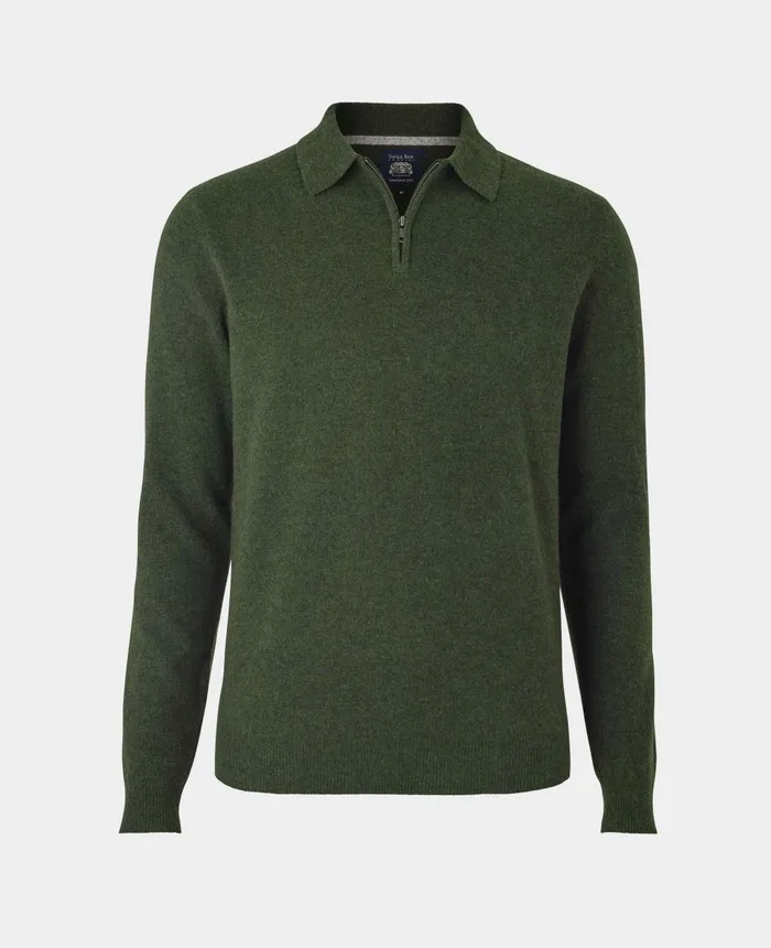 Savile Row Company Dark Green Merino Wool Cashmere Zip Neck Long Sleeve Polo Shirt Dark Green Men Knitwear Savile Row Company Dark Green Merino Wool Cashmere Zip Neck Long Sleeve Polo Shirt Dark Green Men Knitwear