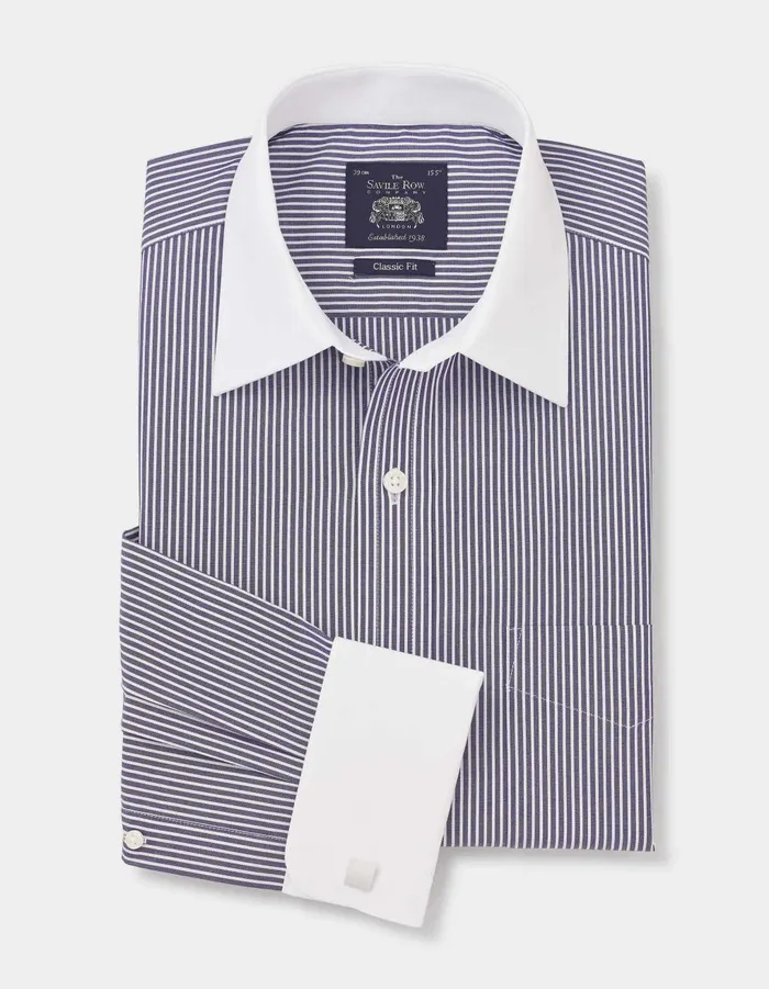 Savile Row Company Dark Navy White Stripe Cotton Poplin Classic Fit Formal Shirt 8211 Double White Cuff and White Collar Men Formal Shirts Savile Row Company Dark Navy White Stripe Cotton Poplin Classic Fit Formal Shirt 8211 Double White Cuff and White Collar Men Formal Shirts