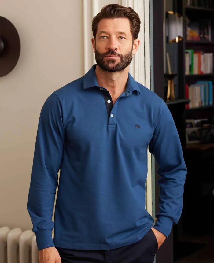 Savile Row Company Denim Blue Long Sleeve Polo Shirt Denim Blue Men Polo Shirts Savile Row Company Denim Blue Long Sleeve Polo Shirt Denim Blue Men Polo Shirts