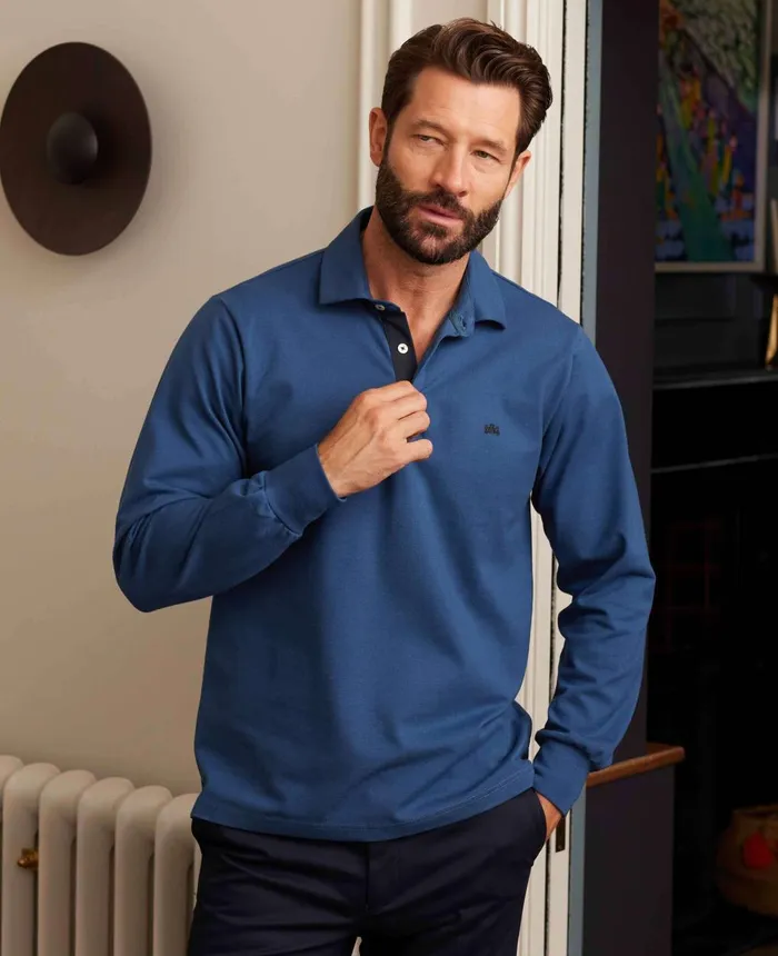 Savile Row Company Denim Blue Long Sleeve Polo Shirt Denim Blue Men Polo Shirts Savile Row Company Denim Blue Long Sleeve Polo Shirt Denim Blue Men Polo Shirts