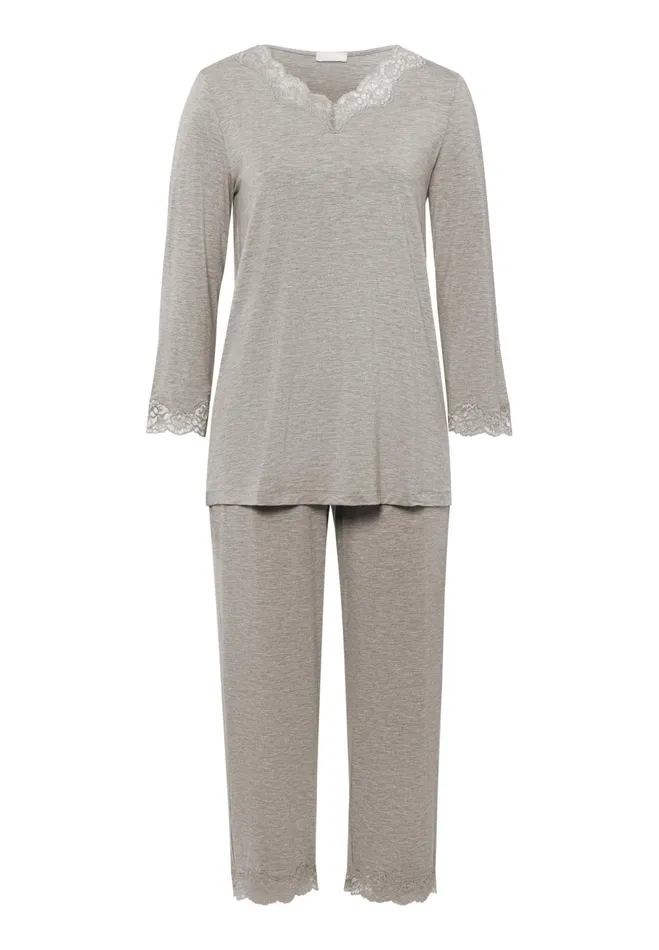 Scalloped Lace Trim Pajama Set Grey Melange Women HANRO Pajama Sets